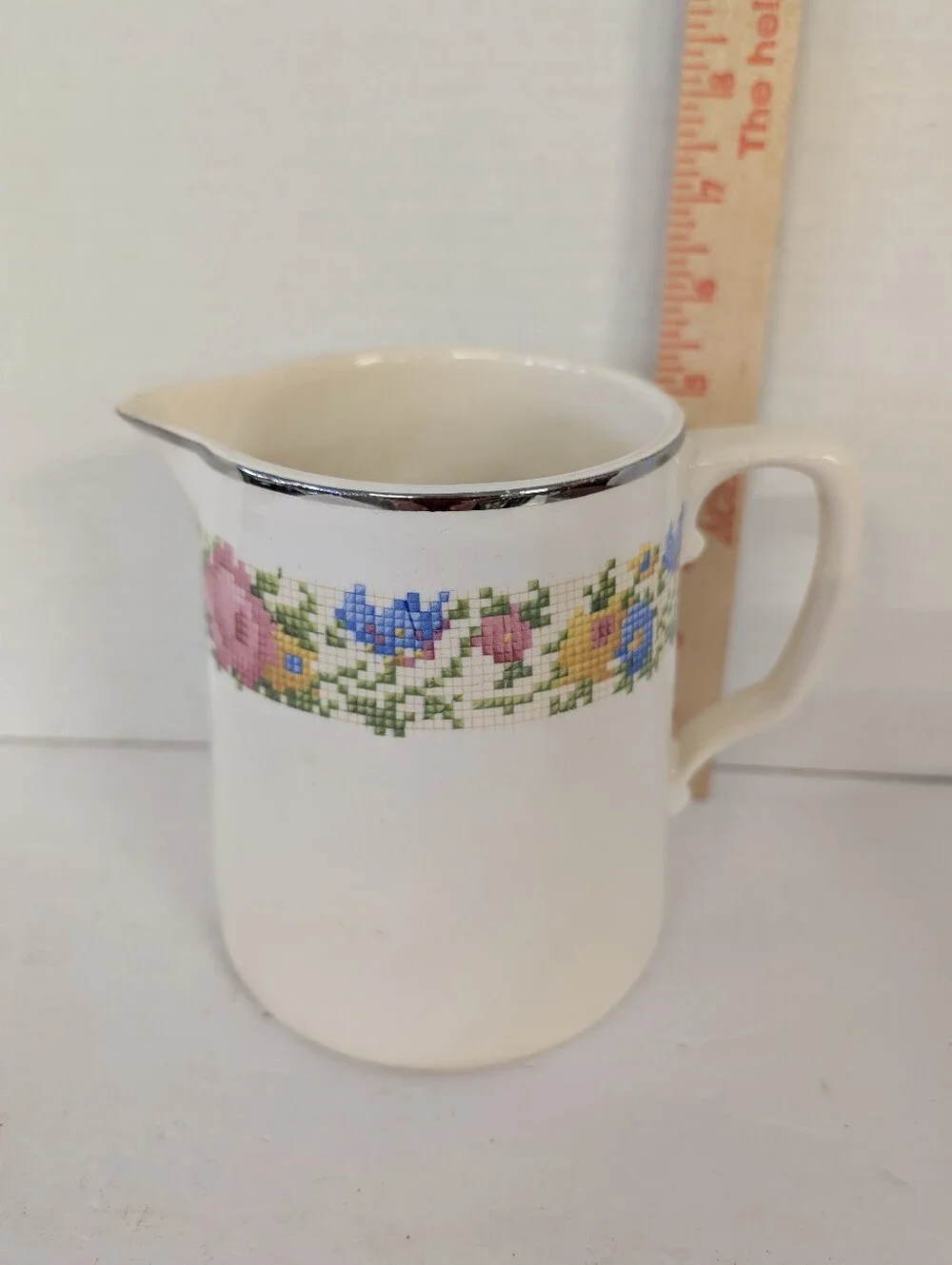 VINTAGE Milk Pitcher Floral Cross-Stitch Pattern Ceramic - Pink, Blue, Yellow
